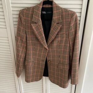ZARA: plaid blazer with brass buttons